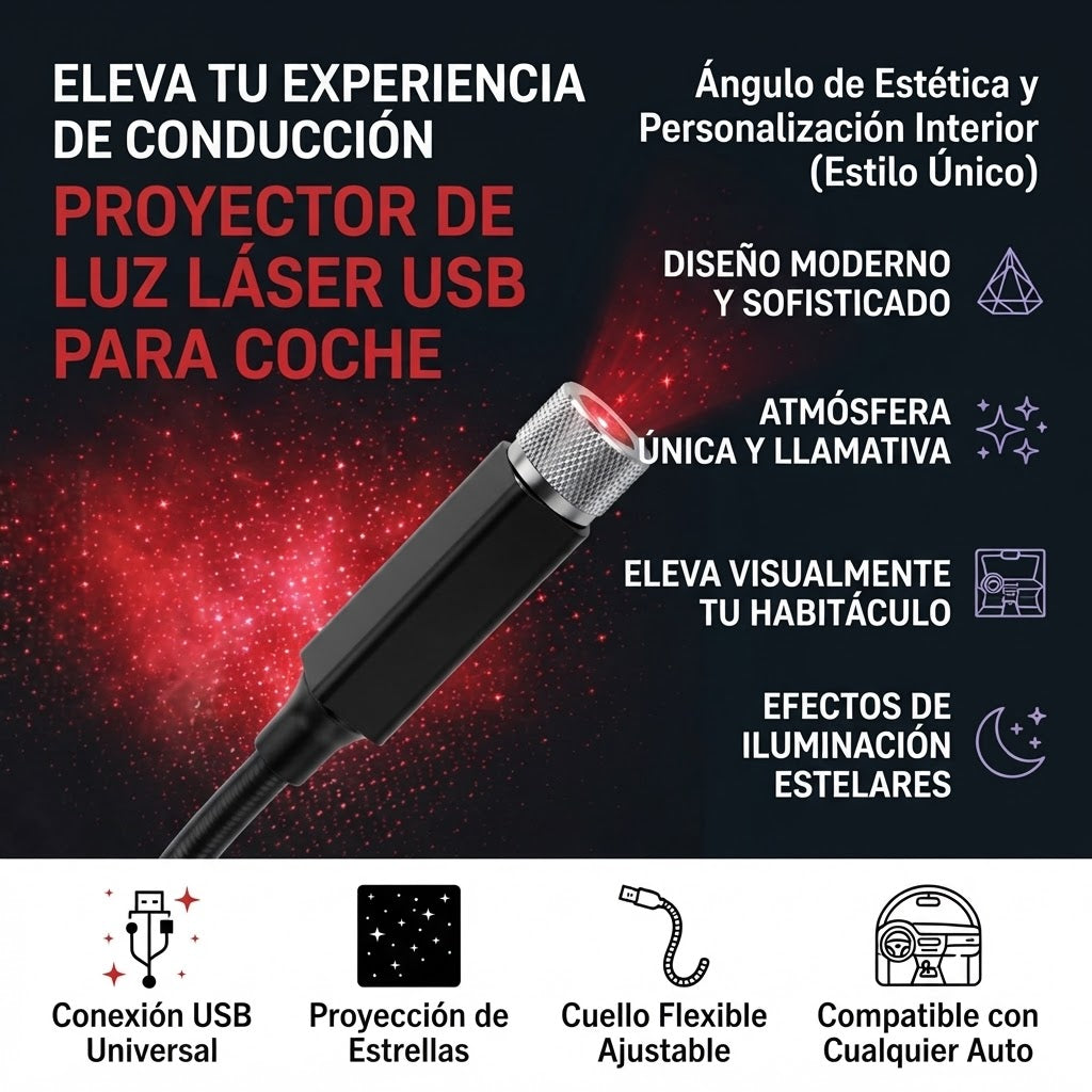 Proyector de Luz Láser USB para Coche con Efecto de Estrellas