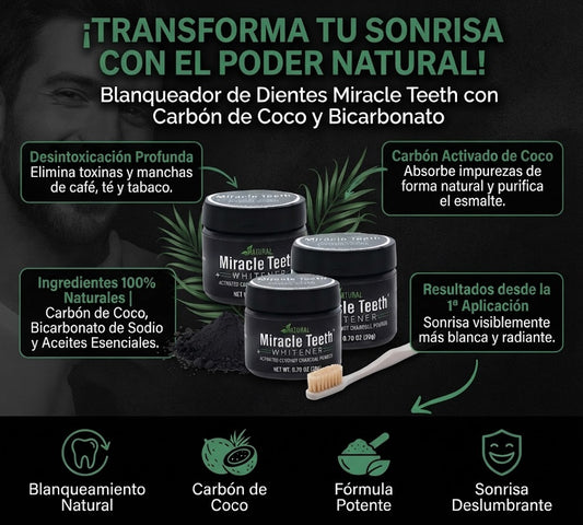 Blanqueador de Dientes Miracle Teeth con Carbón de Coco y Bicarbonato