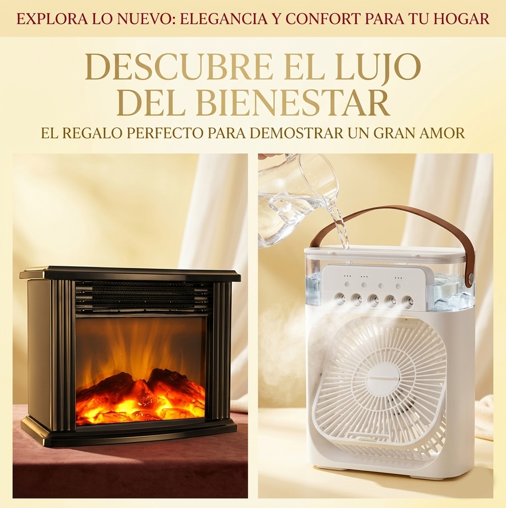 COMBO: Ventilador Humidificador y Mini Calefactor de Chimenea con Termostato