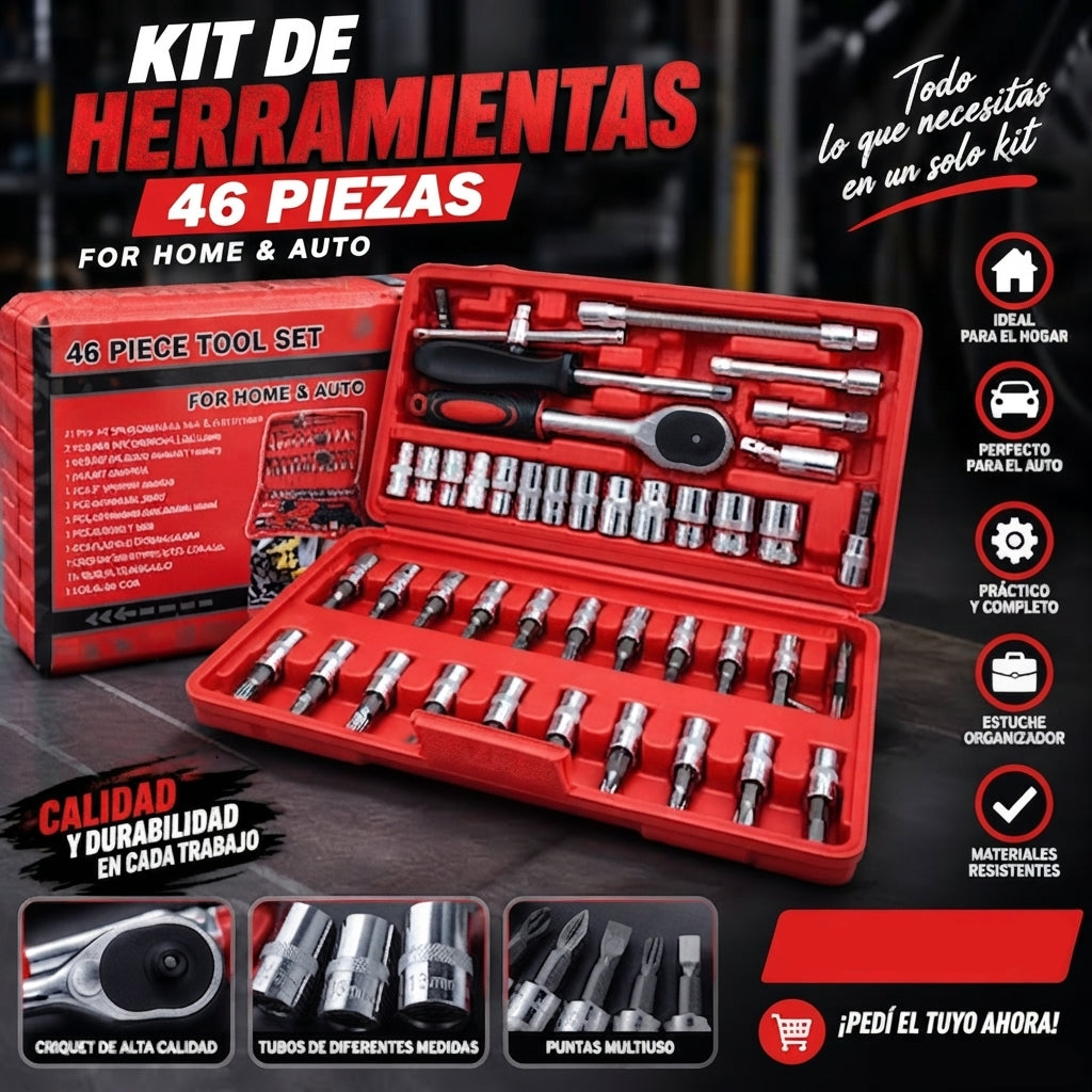Juego de Herramientas de 46 Piezas con Llaves de vaso y Llave Ratchet